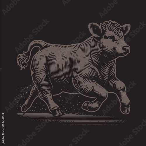 Angus Cattle Vector Illustration – Vintage Retro Logo Design on Black Background
