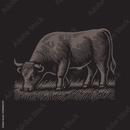 Angus Cattle Vector Illustration – Vintage Retro Logo Design on Black Background