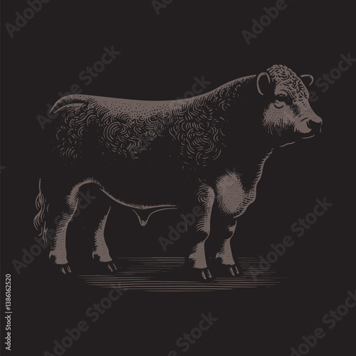 Angus Cattle Vector Illustration – Vintage Retro Logo Design on Black Background