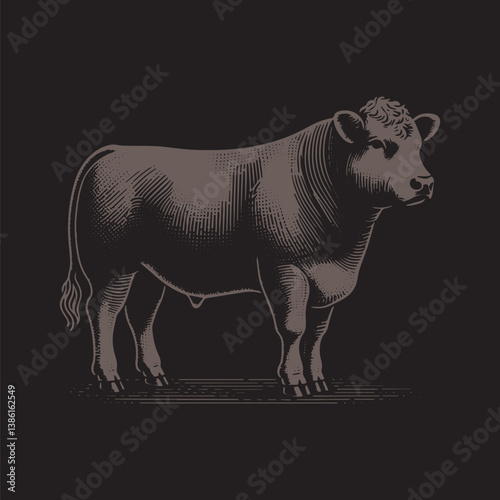 Angus Cattle Vector Illustration – Vintage Retro Logo Design on Black Background