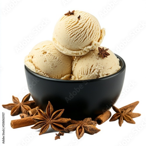 Delicious Eggnog Ice Cream Scoops in a Black Bowl with Star Anise and Cinnamon Sticks photo