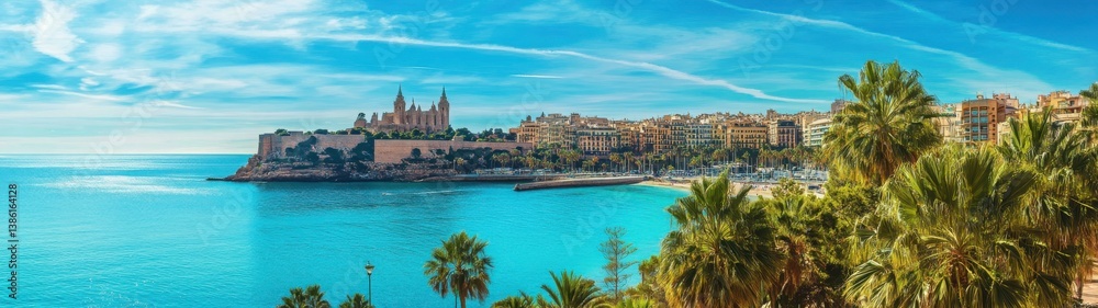 Fototapeta premium Scenic coastal view with palm trees and historic architecture under a vibrant blue sky.