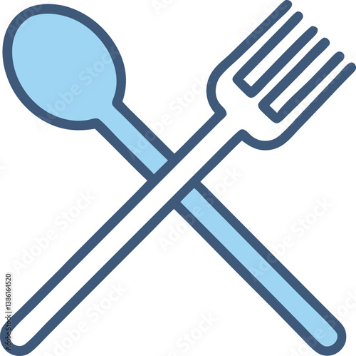 spoon and fork outline vector. Eatery symbol. Kitchen utensil vector illustration. Tableware serving sign. Crossed fork and spoon pictogram. Menu button. blue color