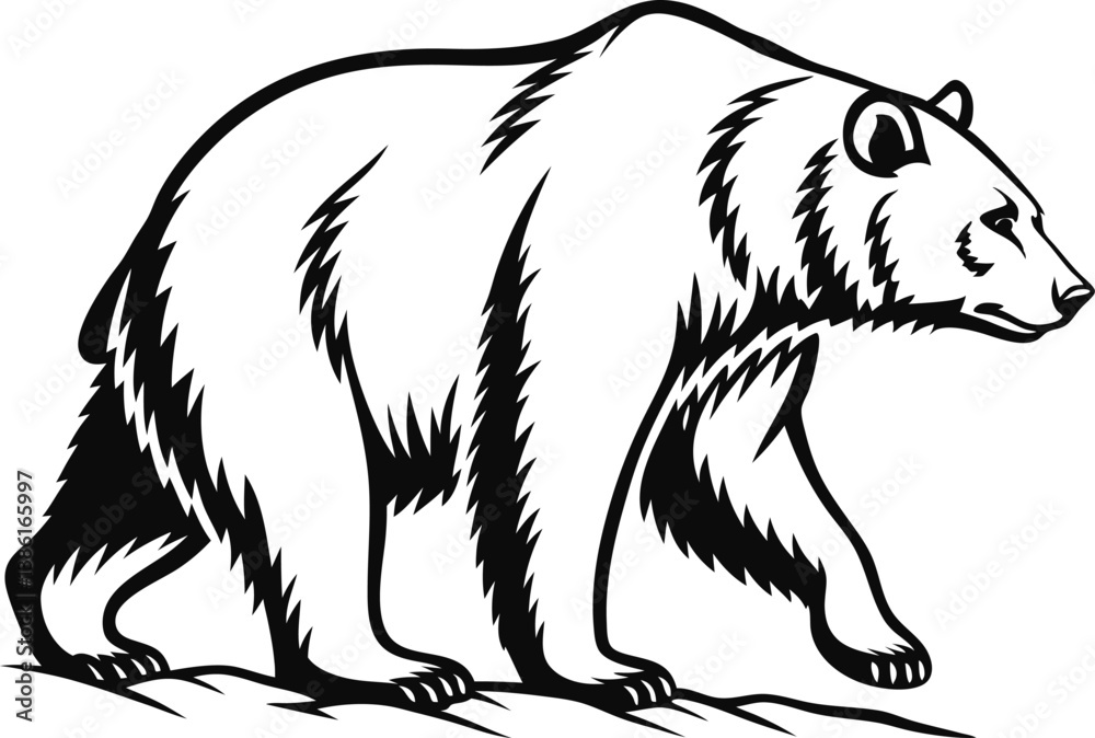 Obraz premium Black bear vector illustration with detailed features and sketch style, showcasing the wild mammal's face and fur, ideal for nature and wildlife themes