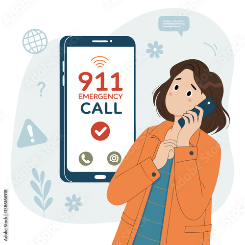 911 Emergency Call on Smartphone Illustration, Urgent Alert for Help, Woman Using Mobile Device for Emergency Services, Crisis Situation, Digital Emergency Response"

