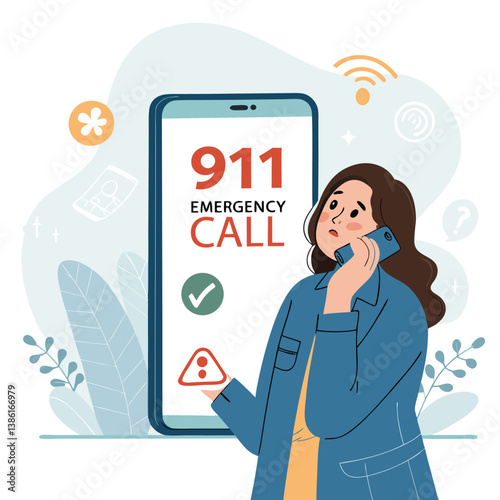 911 Emergency Call on Smartphone Illustration, Urgent Alert for Help, Woman Using Mobile Device for Emergency Services, Crisis Situation, Digital Emergency Response"

