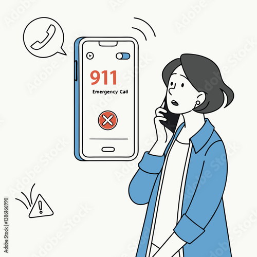 911 Emergency Call on Smartphone Illustration, Urgent Alert for Help, Woman Using Mobile Device for Emergency Services, Crisis Situation, Digital Emergency Response"

