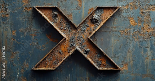 Rusty metal letter X on weathered blue surface creates an industrial, textured feel.