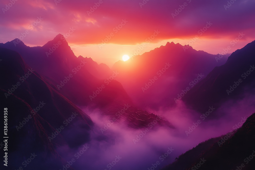 Obraz premium Sun setting over the mountains, casting a warm glow on the rugged peaks and bathing the landscape in a tranquil golden light.