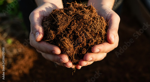 Hands holding coconut substrate soil in natural sunlight  