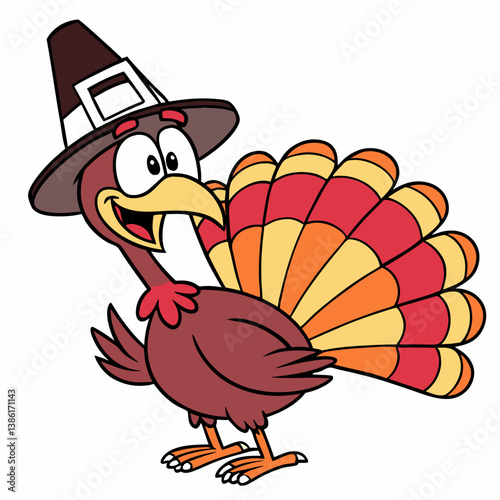 Cartoon Thanksgiving turkey in pilgrim hat on white background, perfect for holiday designs and festive