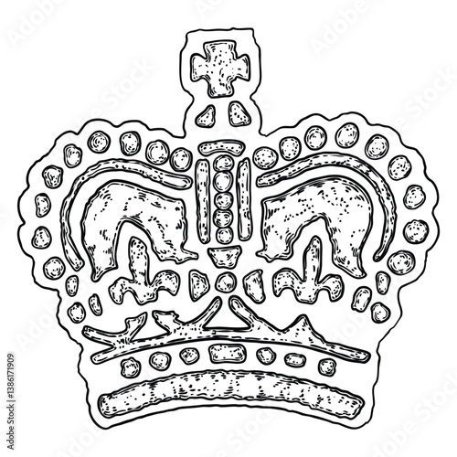 King or Queen crown on in vintage etching style. Coronation headdress for king and queen. Royal noble aristocrat monarchy jewel crown. Monarch jewels treasure symbol. Hand drawing vector.