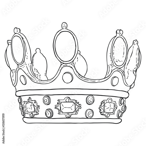 King or Queen crown. Monarch coronations with Coronet Jewel represent United Kingdom constitutional responsible government and sovereignty or authority of the monarch. State Crown made of gold.
