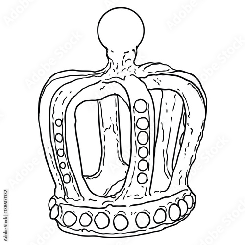 Etching drawing of crown with jewels. King coronation coronet. Hand drawn vector illustration.