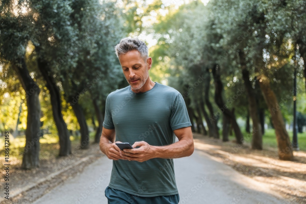 Obraz premium A man using a fitness app on his smartphone while jogging in a park, motivated