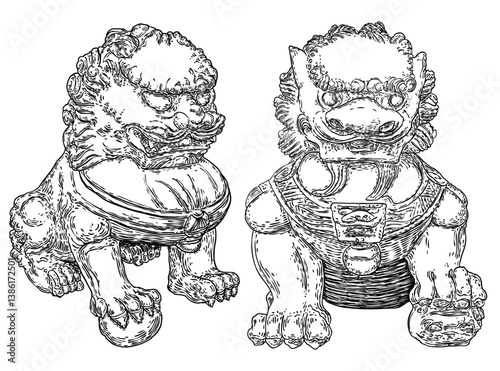 Imperial guardian lions set, foo dog or fu dog in western languages. Stylized Chinese lions, male with a ball and female with a cub. Protect the building from harmful spiritual influences. Vector.