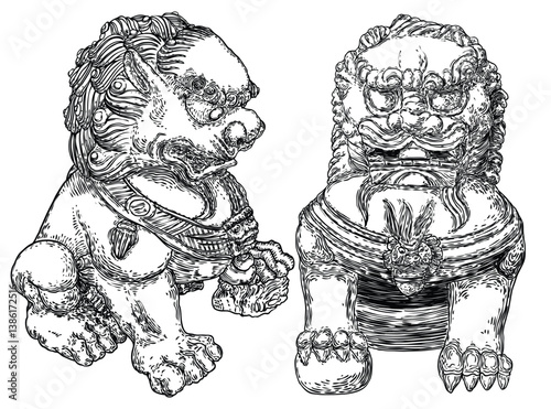 Imperial guardian lions set, foo dog or fu dog in western languages. Stylized Chinese lions, male with a ball and female with a cub. Protect the building from harmful spiritual influences. Vector.