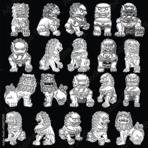 Set of Chinese guardian lions statue hand drawn illustration. Traditional Chinese architectural ornament made of stone. Stone lion or shishi made for protection harmful spiritual influences. Vector.