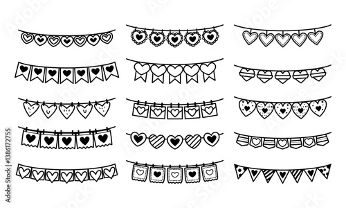Love garlands outline vector illustration set