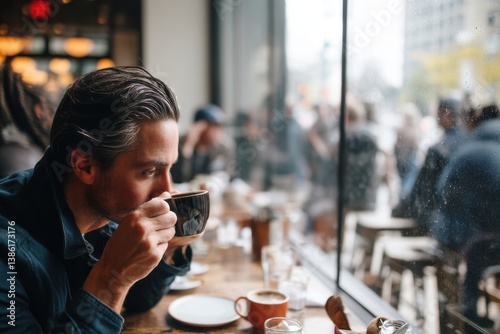 A man enjoying his morning coffee ritual in a bustling cafe