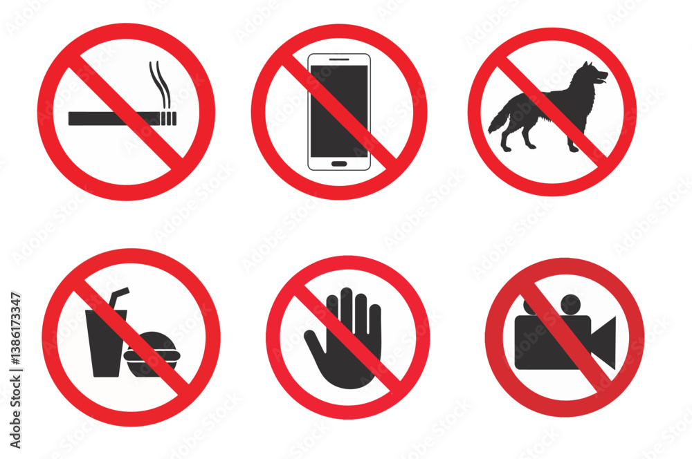 A set of red circle 'Do Not' icons including no smoking, no mobile phone, no pets, no photography, no touch, and no entry. Perfect for safety warnings, public signs, and regulation posters.
A set of red circle 'Do Not' icons including no smoking, no mobile phone, no pets, no photography, no touch, and no entry. Perfect for safety warnings, public signs, and regulation posters.