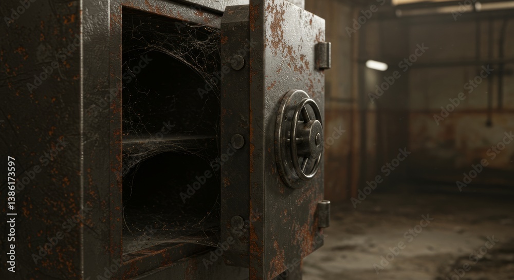 Dilapidated safe with cobwebs, symbolizing forgotten assets and decay Dilapidated safe with cobwebs, symbolizing forgotten assets and decay
