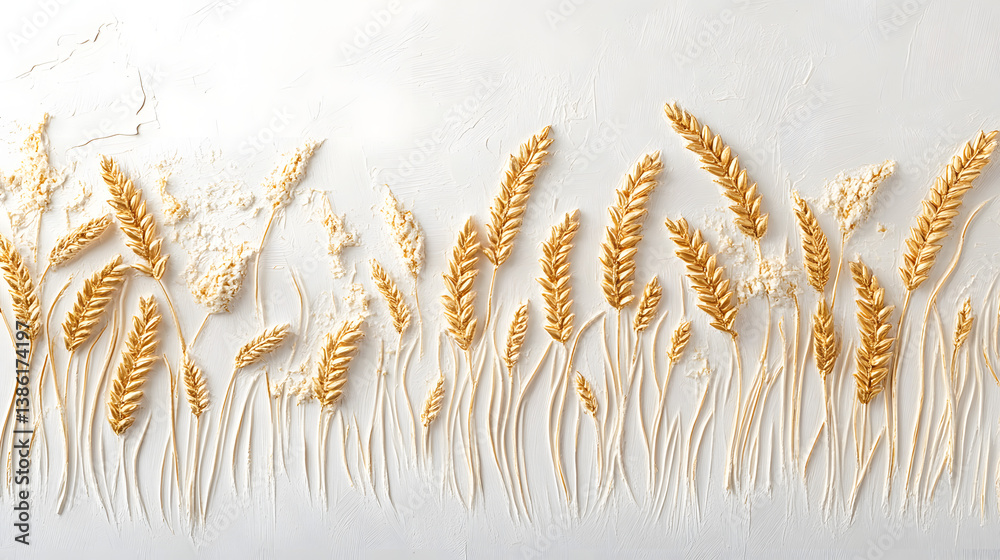 A delicate arrangement of golden wheat ears on a smooth white background, emphasizing their natural elegance and fine texture. A delicate arrangement of golden wheat ears on a smooth white background, emphasizing their natural elegance and fine texture.