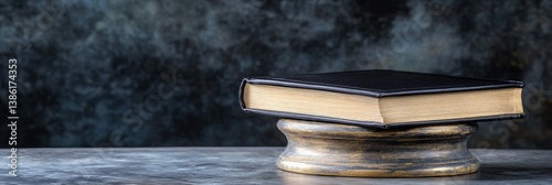 Antique Book on Wooden Stand - A thick, antique book with a black leather cover rests on a golden wooden stand against a dark background. It symbolizes knowledge, history, wisdom, tradition