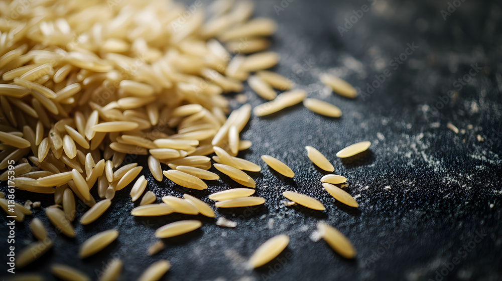 Obraz premium A delicate arrangement of orzo pasta on a dark surface, with each grain carefully placed to form a visually soothing and symmetrical design.