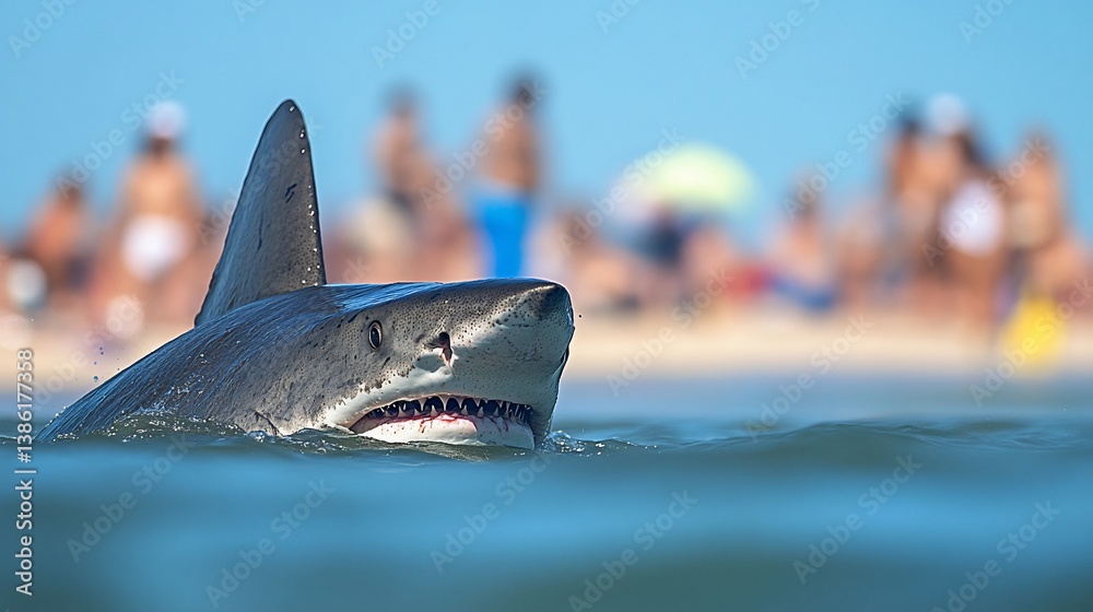 Naklejka premium Great White Shark Emerges Near Crowded Beach: Apex Predator in Coastal Waters
