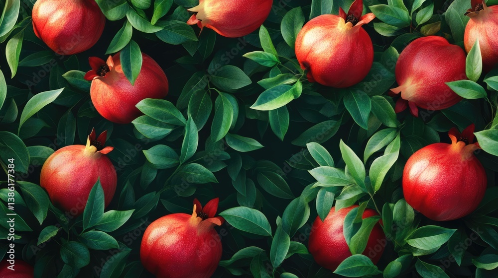 Wet ripe pomegranates with green leaves and water droplets on dark background. Healthy food concept