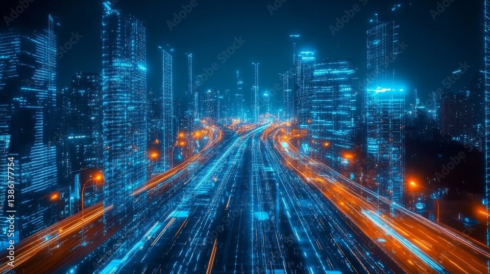 Naklejka premium Cityscape at Night - Futuristic city at night with illuminated skyscrapers and busy highway. data streams flow through the urban landscape