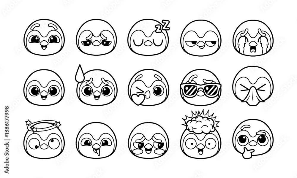 Penguin head emoticon outline vector illustration set Penguin head emoticon outline vector illustration set