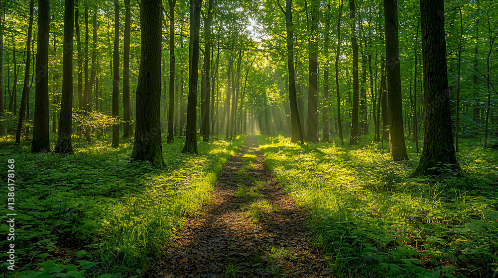 Obraz premium Sunny Forest Path Through Trees