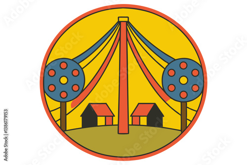 Colorful Rural Landscape Illustration With Maypole Buildings And Trees Inside Circle