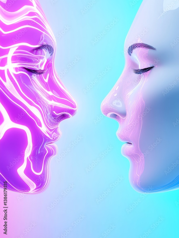 Connection: Faces of the Future - Two stylized faces, in vibrant purple and blue hues, are poised in close proximity, suggesting a connection or interaction. The evokes themes of technology, futurism Connection: Faces of the Future - Two stylized faces, in vibrant purple and blue hues, are poised in close proximity, suggesting a connection or interaction. The evokes themes of technology, futurism