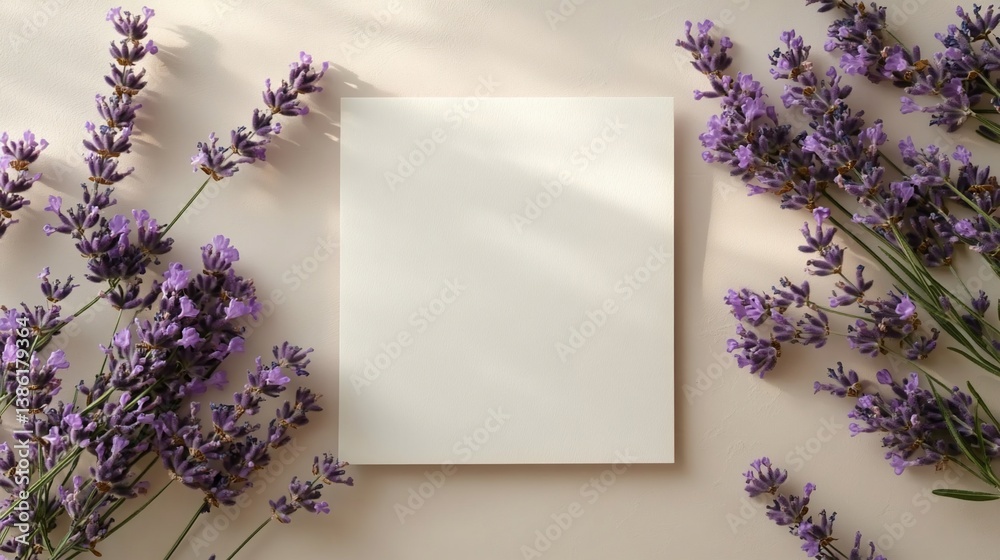 Elegant lavender sprigs framing a blank card for serene designs presentation