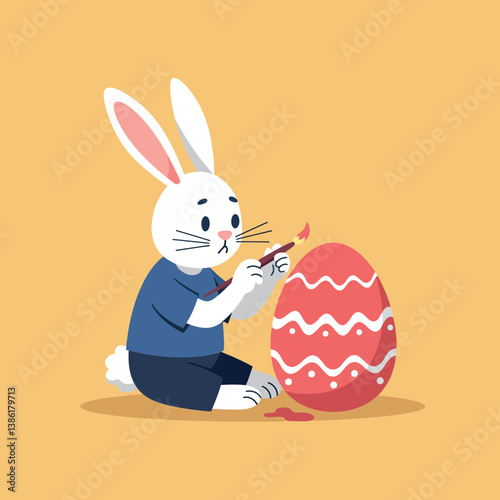 Cute rabbit painting a colorful Easter egg in flat vector art style