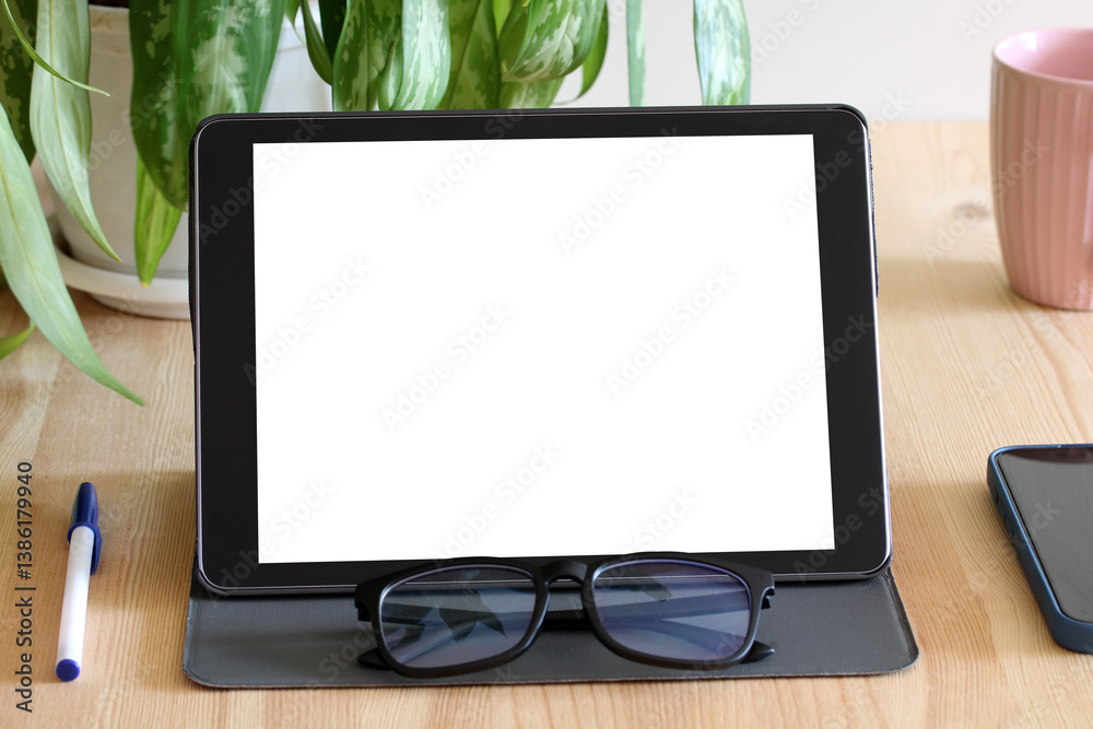 Fototapeta premium Digital tablet showing white screen on desk with coffee, pen, glasses and smartphone. tablet mockup
