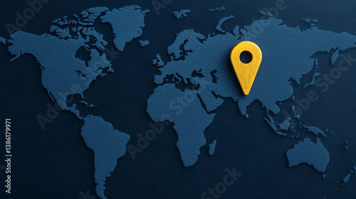 international recognition + global + success + achievement + ranking World map with a yellow location pin highlighting a specific region.