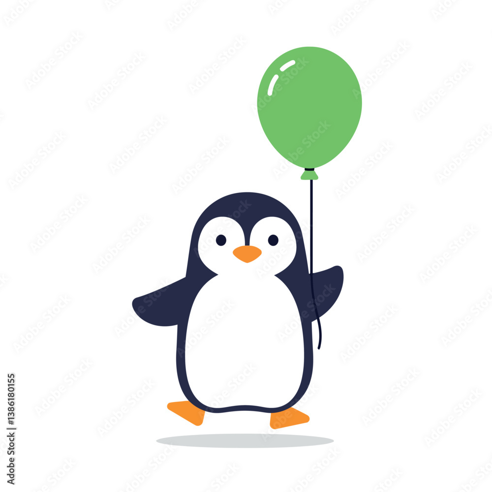 Fototapeta premium A cheerful penguin holding a green balloon in a playful flat vector illustration
