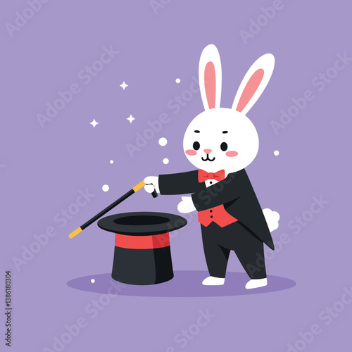 Cute rabbit magician in a black tuxedo performing magic tricks with a hat in flat vector art