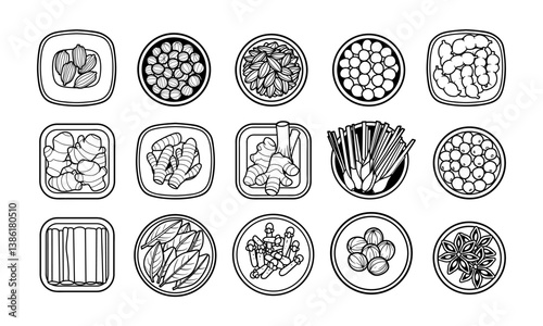 Spices and herbs with plate outline vector illustration set