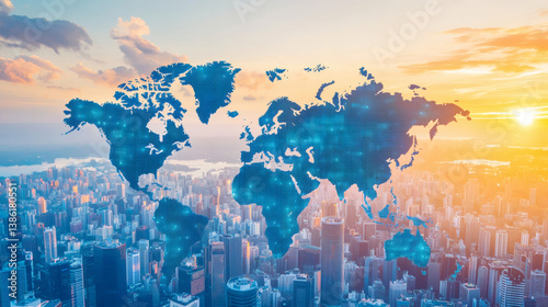 international recognition + global + success + achievement + ranking Digital world map overlaying a city skyline at sunset, blending technology and urban life.