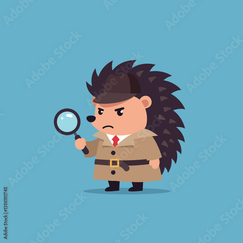 A detective hedgehog wearing a trench coat and holding a magnifying glass in flat vector art