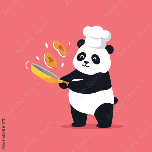 Playful panda chef tossing pancakes in a colorful kitchen with a cheerful atmosphere vector illustration