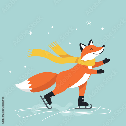 Cheerful fox wearing a scarf ice skating in a winter wonderland flat vector illustration