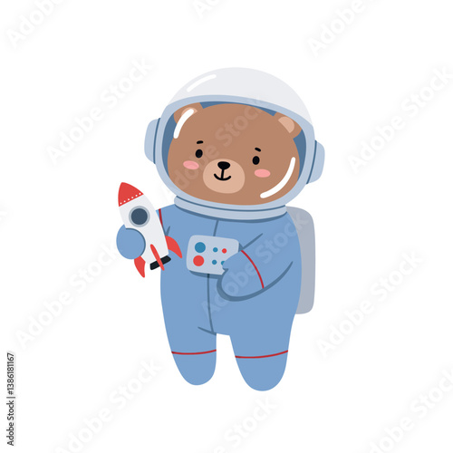 Cute bear in space suit holding a toy rocket and palette in flat vector art