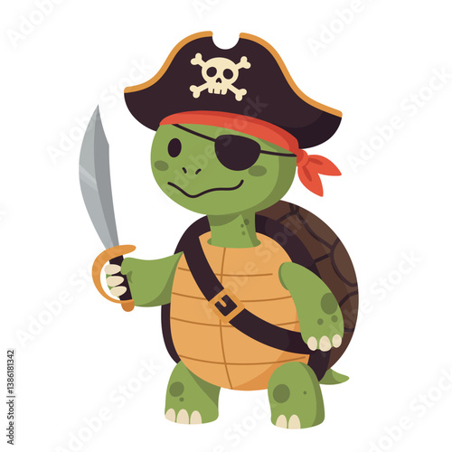 Cartoon turtle dressed as a pirate with an eye patch and sword in flat vector art