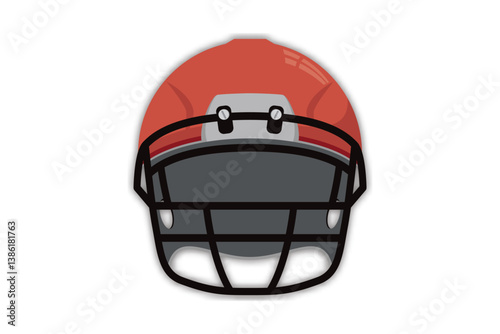 Front view of red American football helmet with protective grill and padding for player safety.